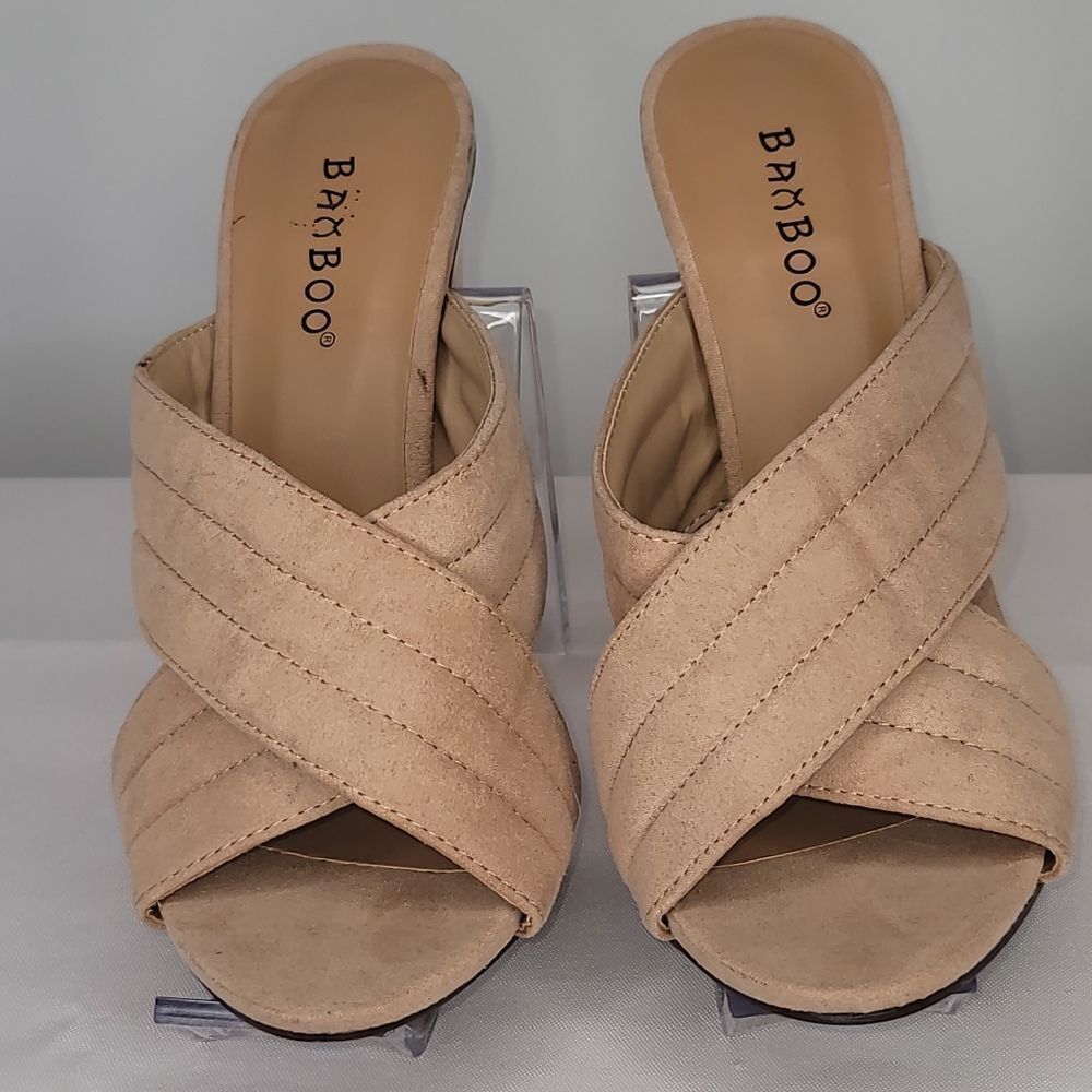Bamboo Tan Crisscross Slide Block Heel Sandal‎